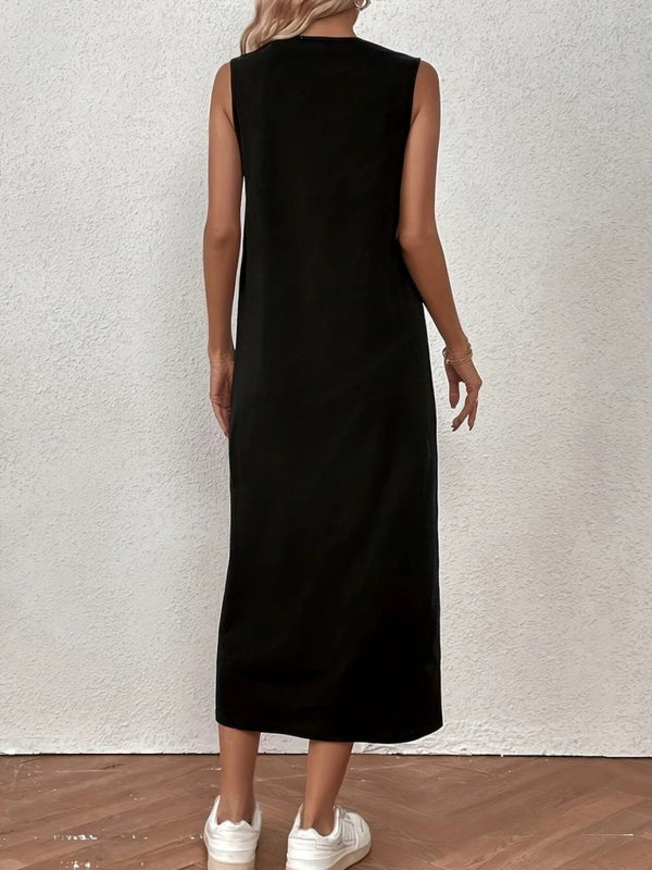 Rochie midi fără mâneci, cu guler rotund, din viscoză, cu două fire, 26970