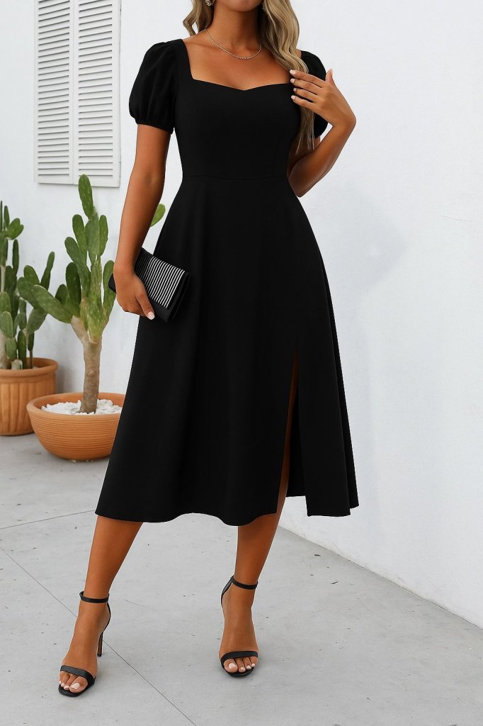 Rochie midi din crep strălucitor, cu mânecă scurtă și decolteu pătrat, pentru femei, 27457