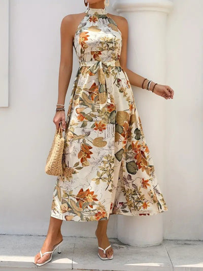 Women's Off-the-Shoulder Halter Neck Slit Floral Print Supreme Dress, 33492