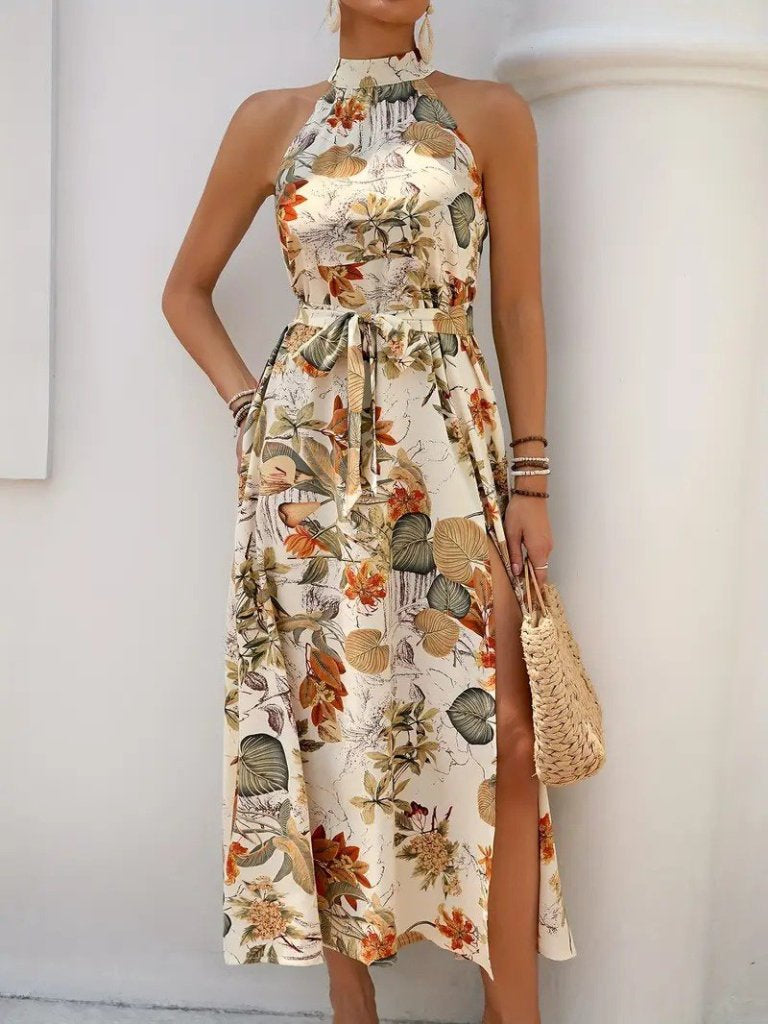 Women's Off-the-Shoulder Halter Neck Slit Floral Print Supreme Dress, 33492