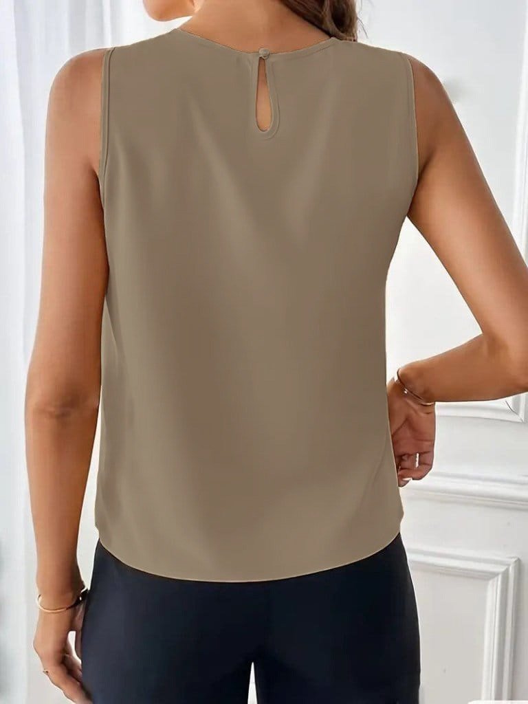 Bluză de damă din satin, fără mâneci, cu guler rotund și plisate în față, 31525