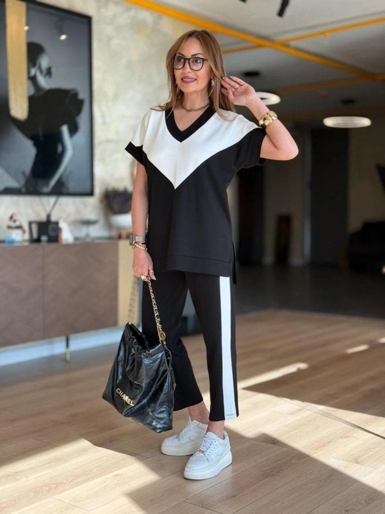 Set bluză și pantaloni din viscoză bicoloră, cu mânecă scurtă și decolteu în V pentru femei, 34679