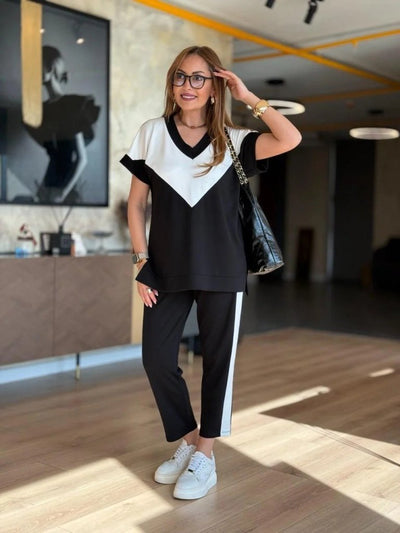 Set bluză și pantaloni din viscoză bicoloră, cu mânecă scurtă și decolteu în V pentru femei, 34679