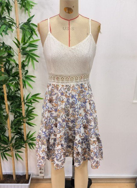 Rochie mini de damă, cu bretele, decolteu în V, dantelă jos, din jerseu, 36906