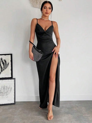 Rochie de damă din crep, cu bretele și decolteu înfășurat, 24873