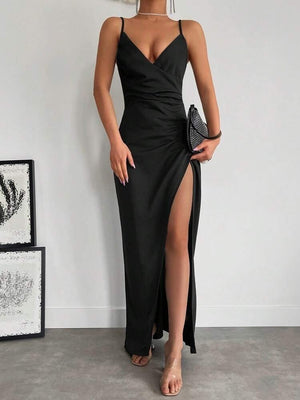 Rochie de damă din crep, cu bretele și decolteu înfășurat, 24873