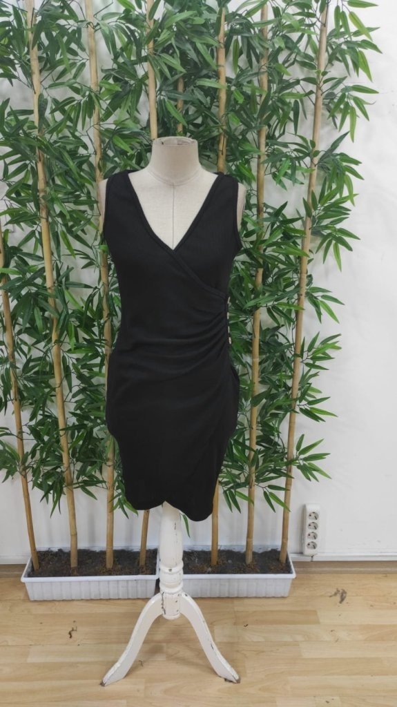 Rochie de damă cu corset, cu bretele, decolteu înfășurat, nasturi laterali, detaliu asimetric în față, cu nervuri groase, 32714
