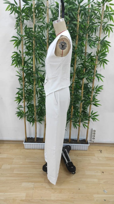 Women's Sleeveless, V-Neck, Front Buttoned Satin Vest and Trousers Two-Piece Set, 37411