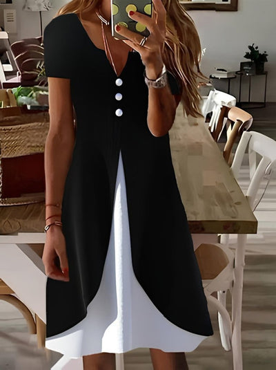 Rochie din viscoză, bicoloră, cu mânecă scurtă, de damă, cu decolteu în V și nasturi în față, 24899