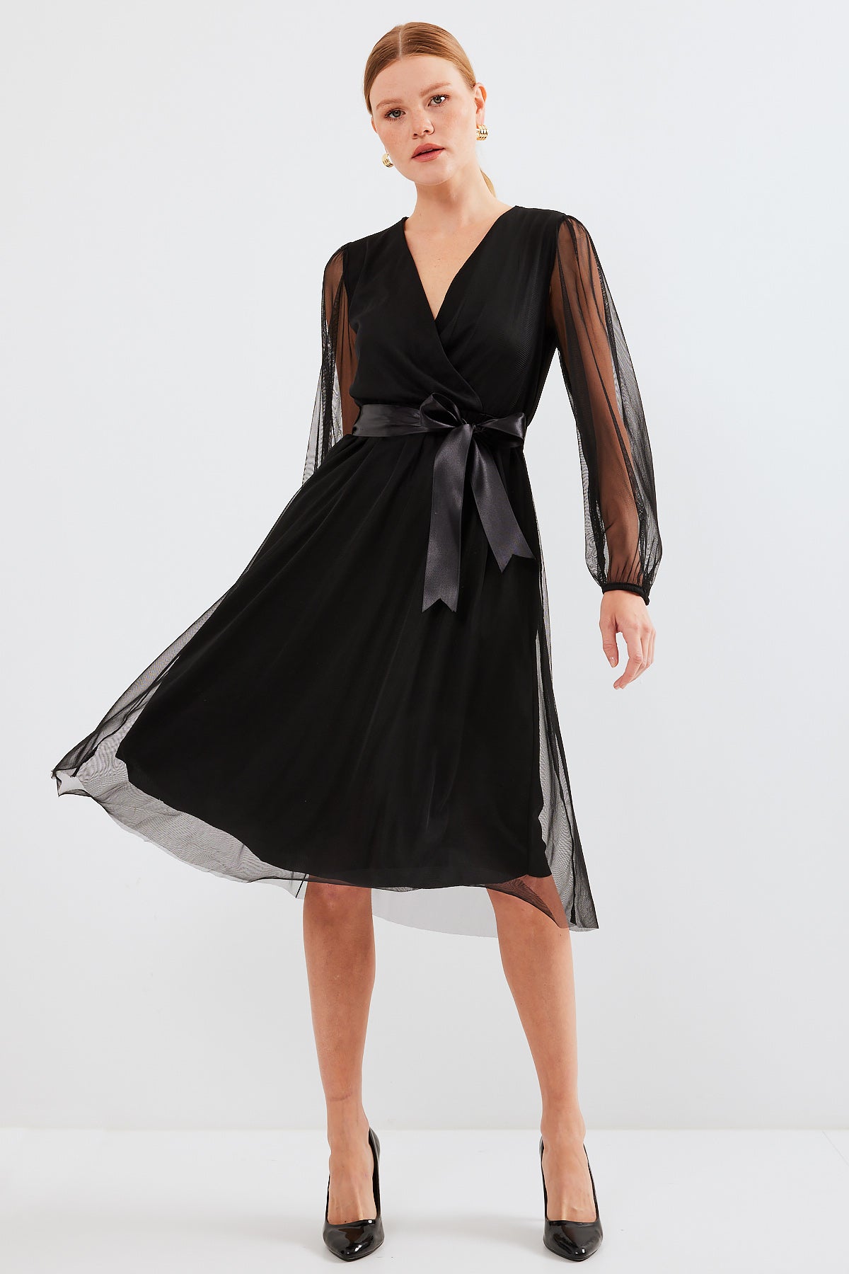 2494 Rochie Tulle cu Guler Încrucișat - Negru