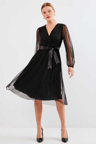 2494 Rochie Tulle cu Guler Încrucișat - Negru
