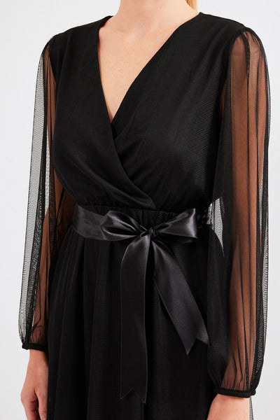 2494 Rochie Tulle cu Guler Încrucișat - Negru