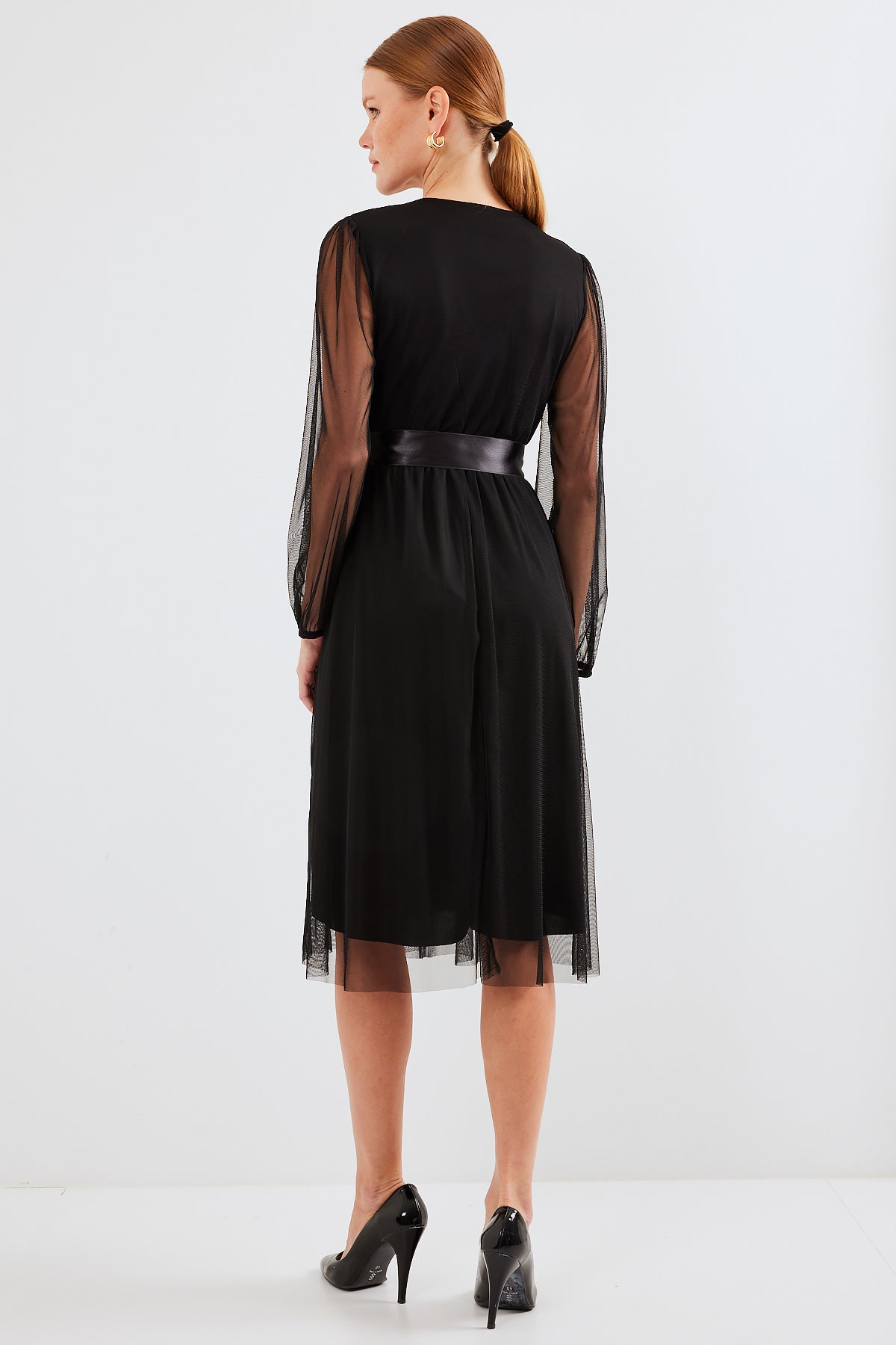 2494 Rochie Tulle cu Guler Încrucișat - Negru
