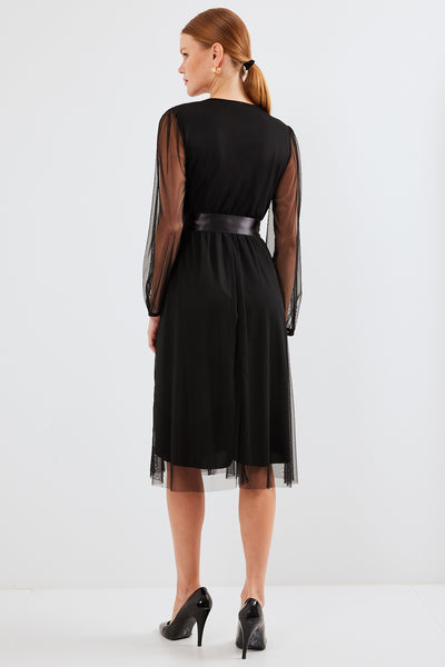 2494 Rochie Tulle cu Guler Încrucișat - Negru