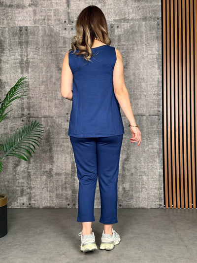 Set trening damă din vâscoză, format din bluză cu bretele și guler rotund, și pantaloni de trening, 26612