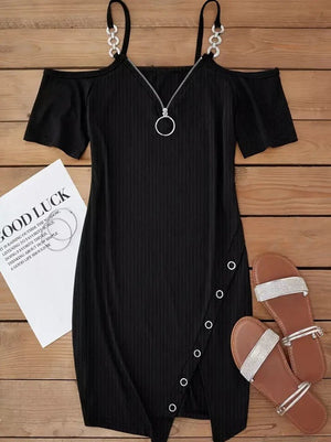 Rochie de damă cu bretele, fermoar frontal, croială asimetrică, model corset cu nervuri groase, 31330