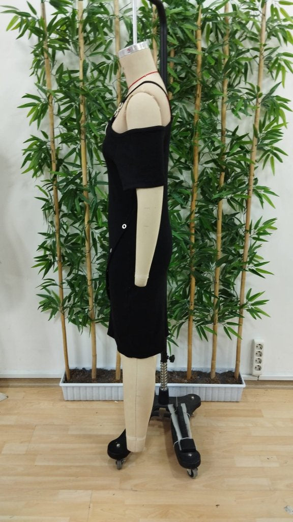 Rochie de damă cu bretele, fermoar frontal, croială asimetrică, model corset cu nervuri groase, 31330