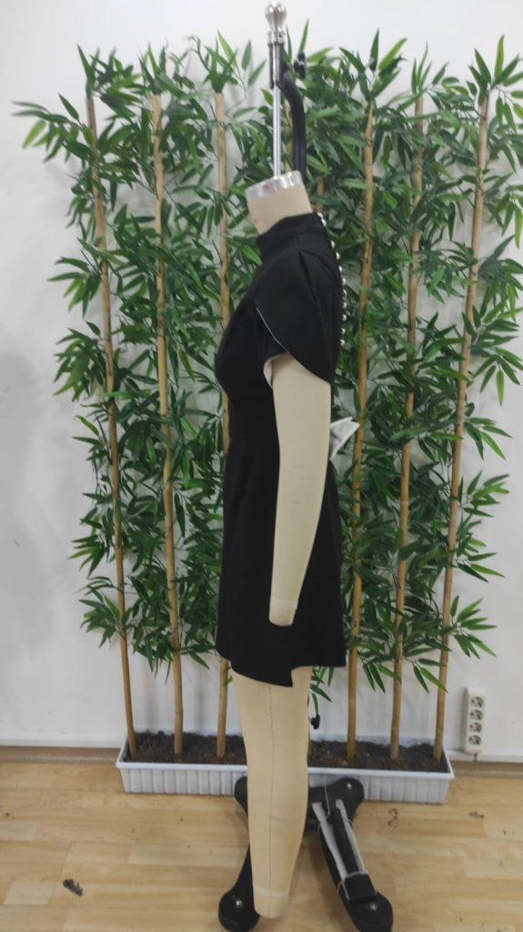 Rochie scurtă din satin pentru femei, cu mânecă scurtă, guler înalt și detaliu fluture la spate, 31415