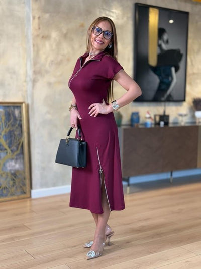 Rochie midi cu mânecă scurtă din viscoză, cu două fire, cu fermoar la gât și tiv, 31384