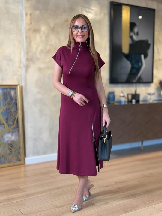 Rochie midi cu mânecă scurtă din viscoză, cu două fire, cu fermoar la gât și tiv, 31384