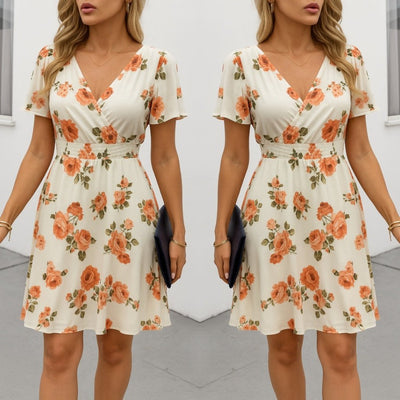 Women's Short Sleeve Wrap Neck Patterned Supima Short Dress, 26915