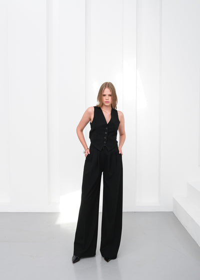 Set vestă și pantaloni cu model încrucișat pe spate - Negru