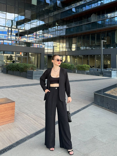 SET KIMONO ȘI PANTALONI PAMELA CU BUZUNARE - Negru