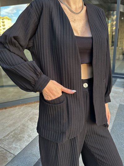 SET KIMONO ȘI PANTALONI PAMELA CU BUZUNARE - Negru