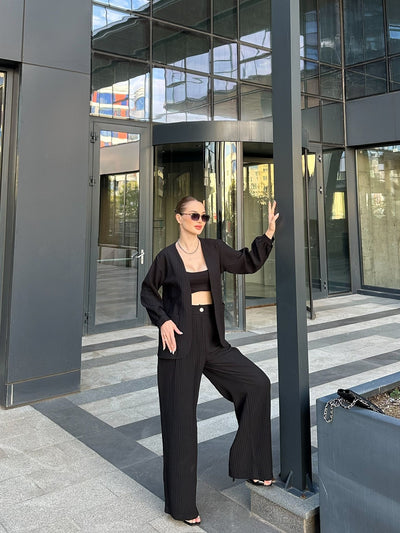 SET KIMONO ȘI PANTALONI PAMELA CU BUZUNARE - Negru