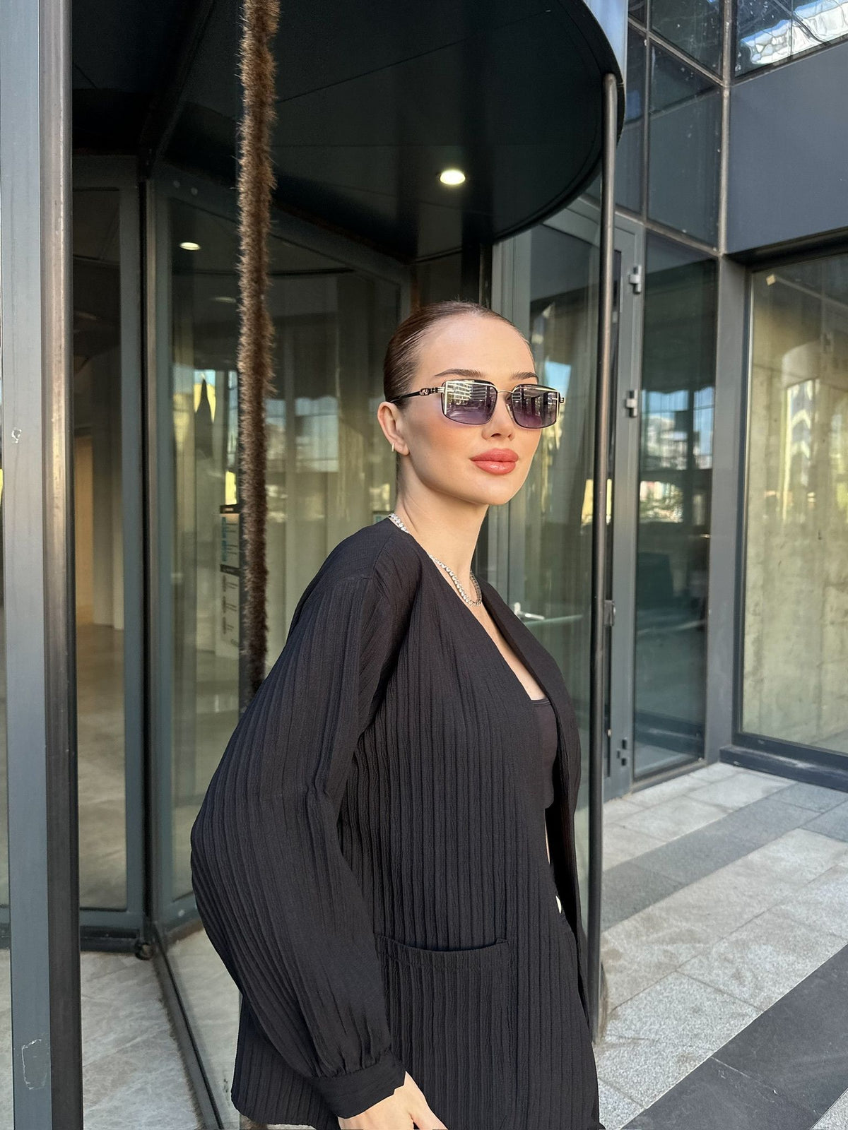SET KIMONO ȘI PANTALONI PAMELA CU BUZUNARE - Negru