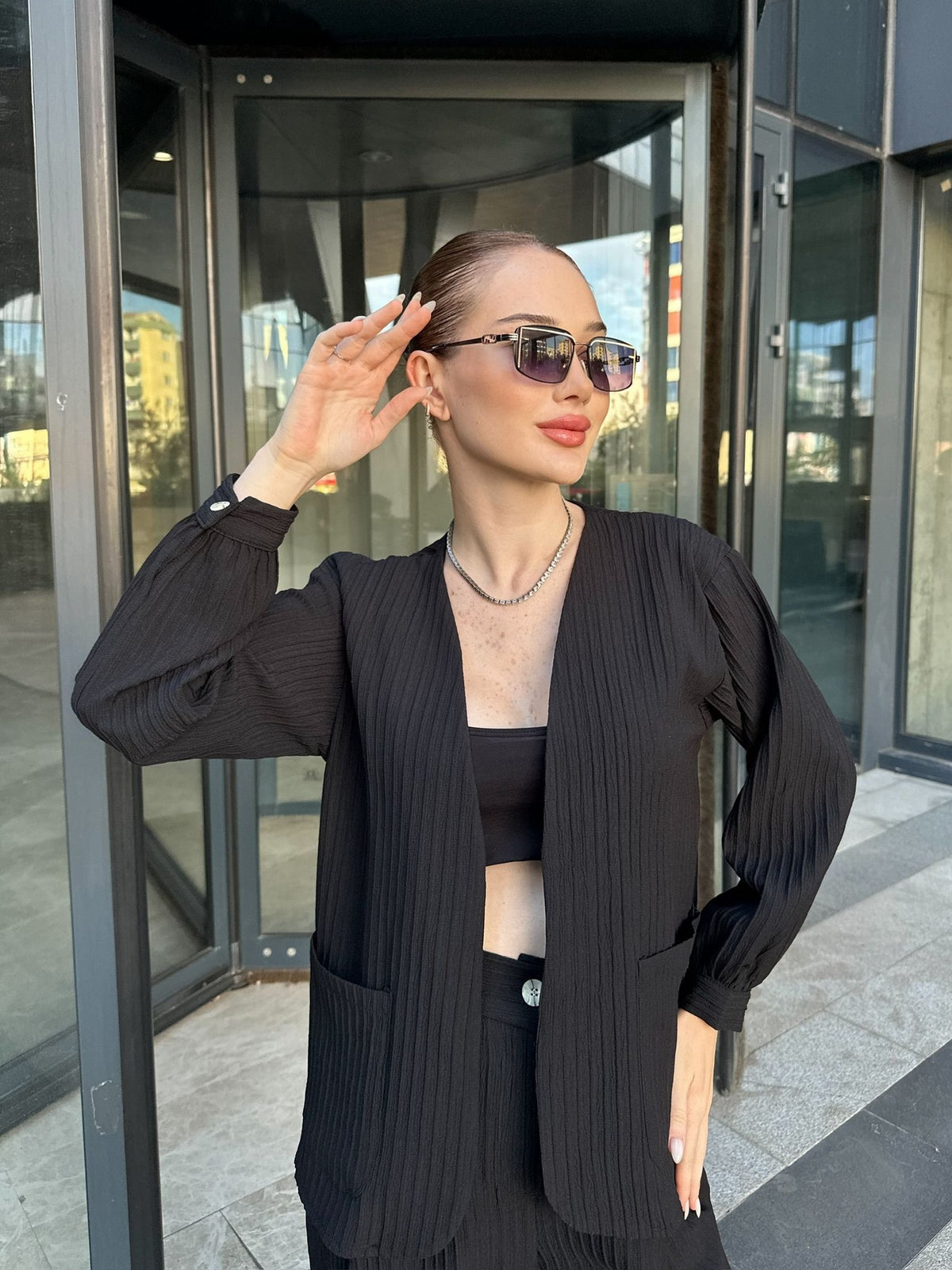 SET KIMONO ȘI PANTALONI PAMELA CU BUZUNARE - Negru