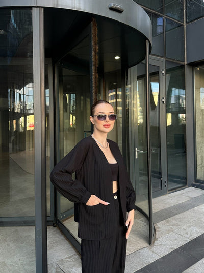 SET KIMONO ȘI PANTALONI PAMELA CU BUZUNARE - Negru