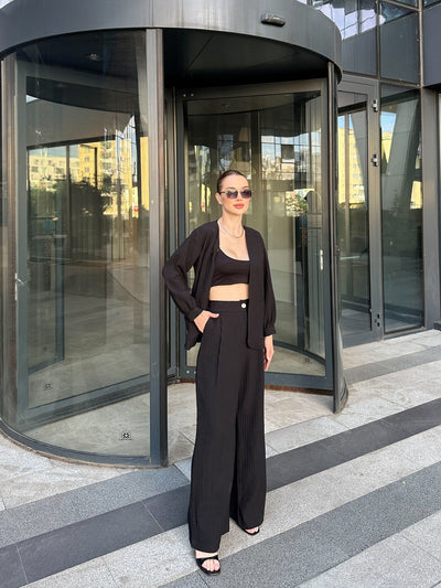 SET KIMONO ȘI PANTALONI PAMELA CU BUZUNARE - Negru