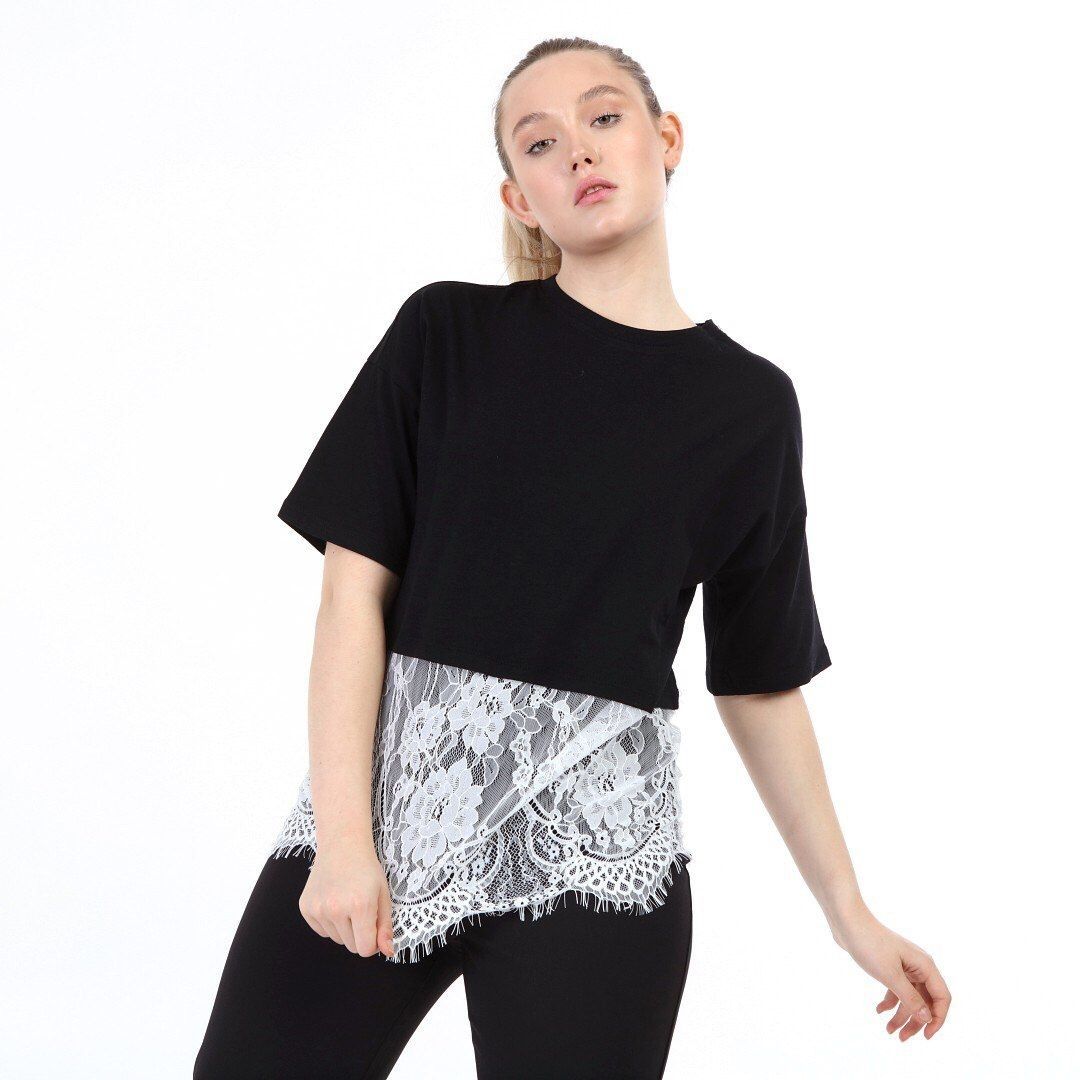 TRICOU CU DANTELĂ ALB-NEGRU - Negru
