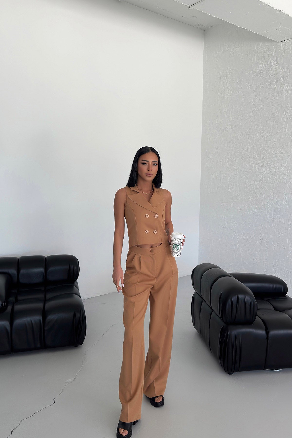 Shawl Collar Buttoned Vest - Tan