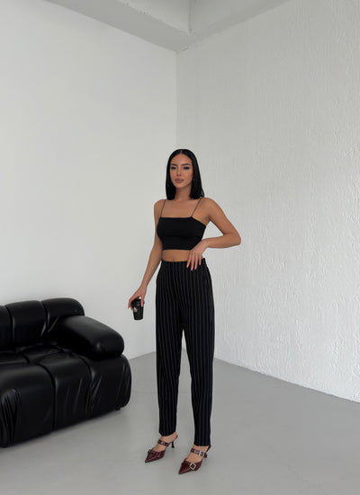 Pantaloni cu dungi și talie elastică - Negru