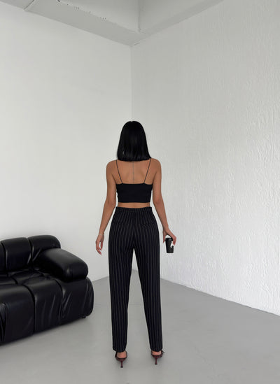 Pantaloni cu dungi și talie elastică - Negru