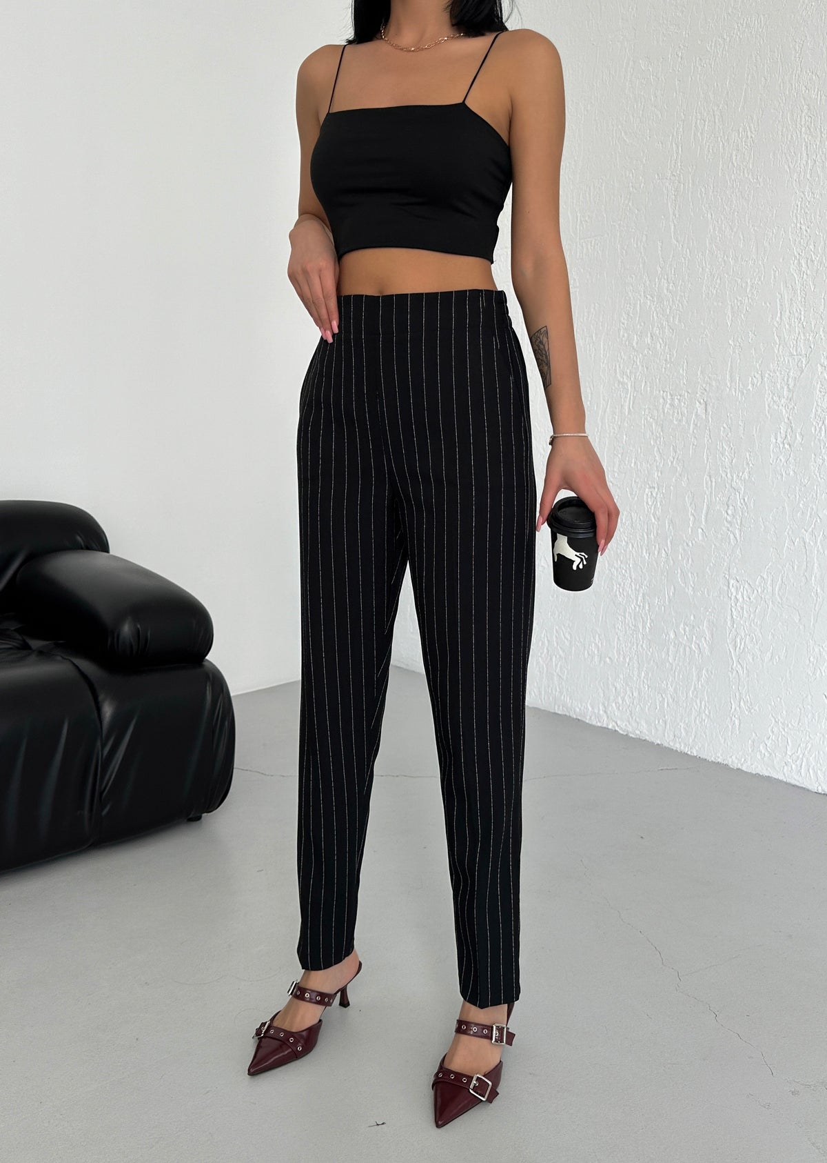 Pantaloni cu dungi și talie elastică - Negru