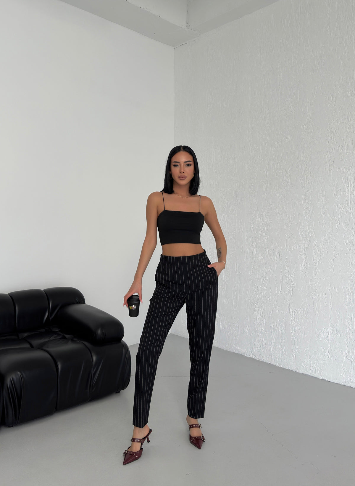 Pantaloni cu dungi și talie elastică - Negru
