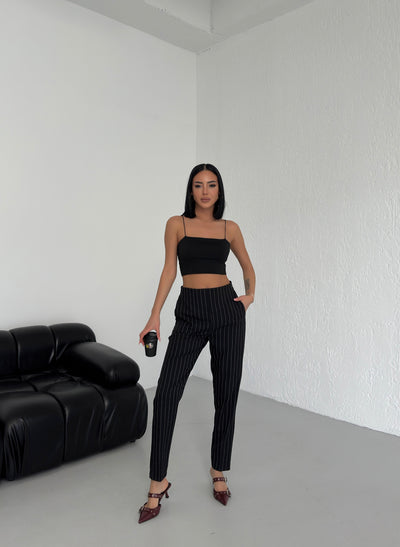 Pantaloni cu dungi și talie elastică - Negru