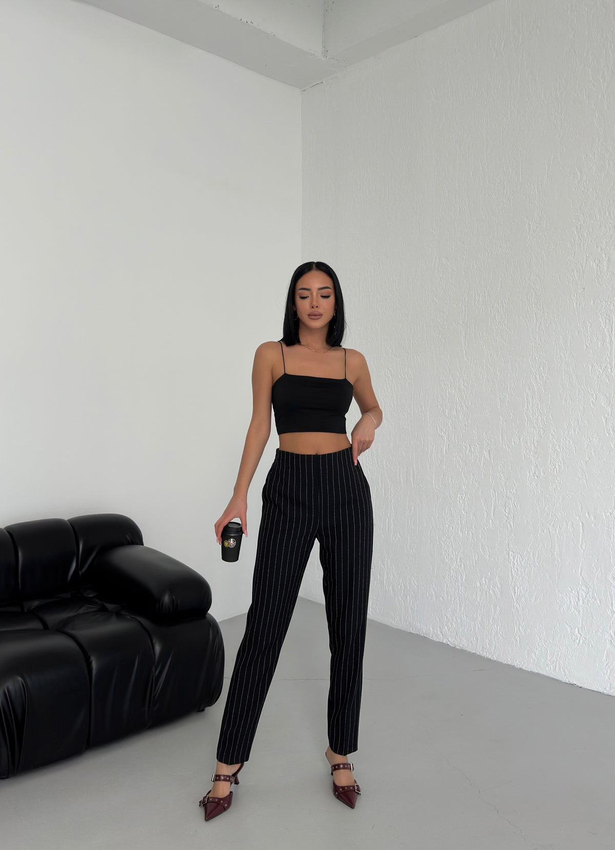Pantaloni cu dungi și talie elastică - Negru