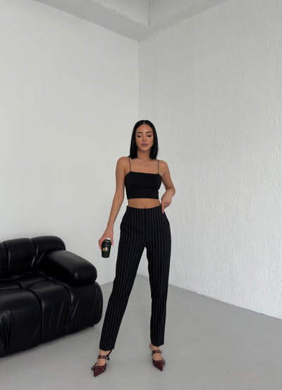 Pantaloni cu dungi și talie elastică - Negru