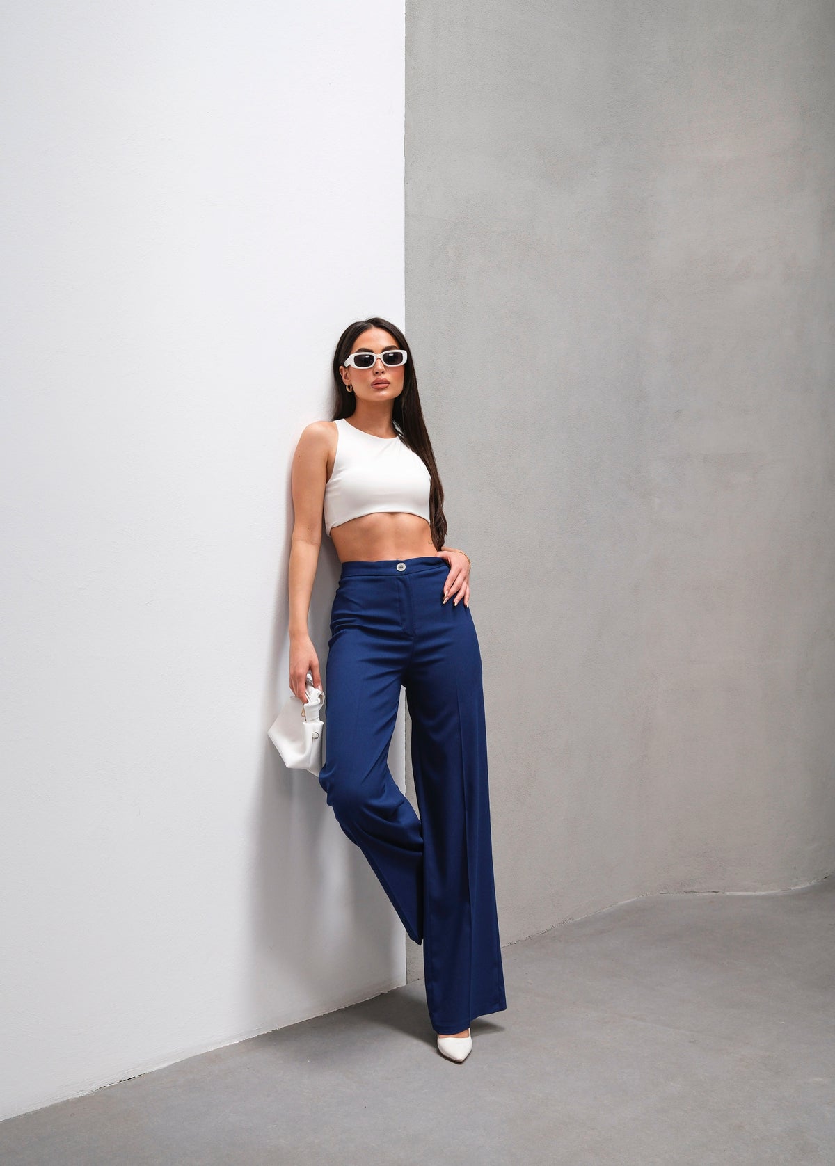 PANTALONI PALAZZO CU TALIE ÎNALTĂ ȘI CROIALĂ DREPTĂ - INDIGO
