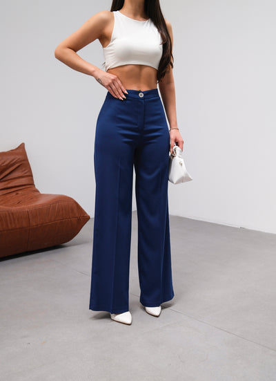 PANTALONI PALAZZO CU TALIE ÎNALTĂ ȘI CROIALĂ DREPTĂ - INDIGO