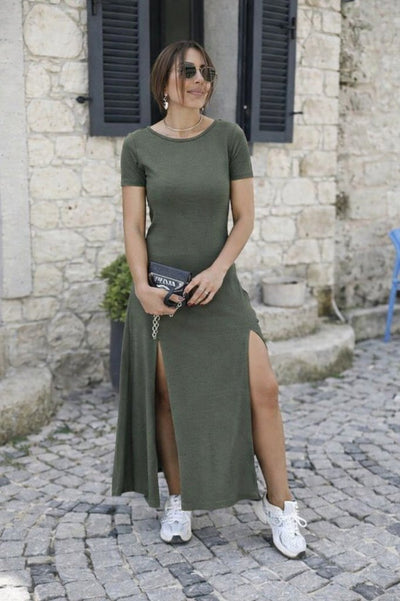 Rochie de damă din viscoză, cu mânecă scurtă, spate decoltată, cu crăpături, 31217