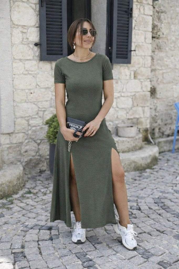 Rochie de damă din viscoză, cu mânecă scurtă, spate decoltată, cu crăpături, 31217