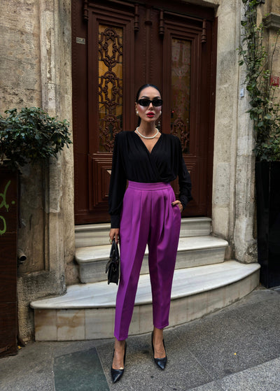 Pantaloni dubli cu talie înaltă, croială Mom - Mov