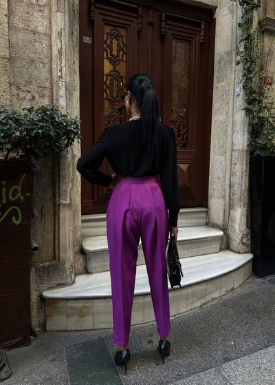 Pantaloni dubli cu talie înaltă, croială Mom - Mov