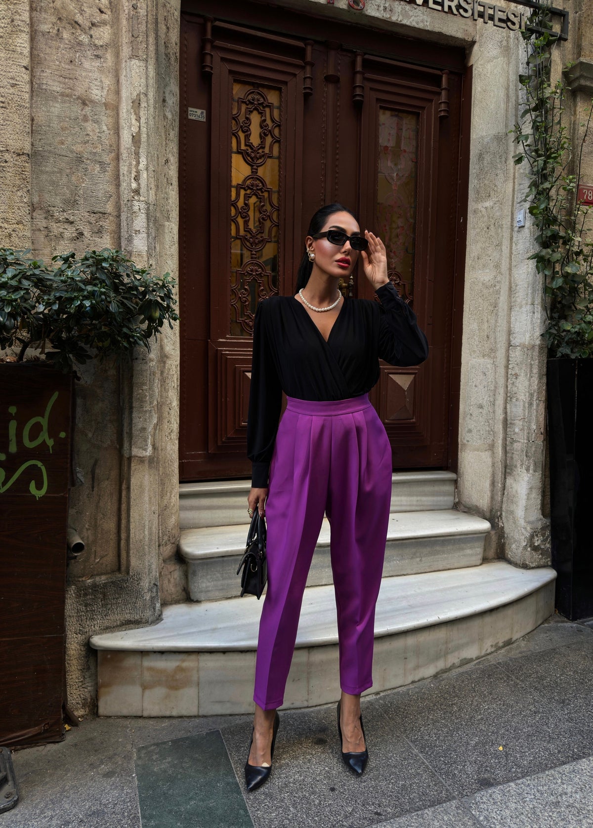 Pantaloni dubli cu talie înaltă, croială Mom - Mov