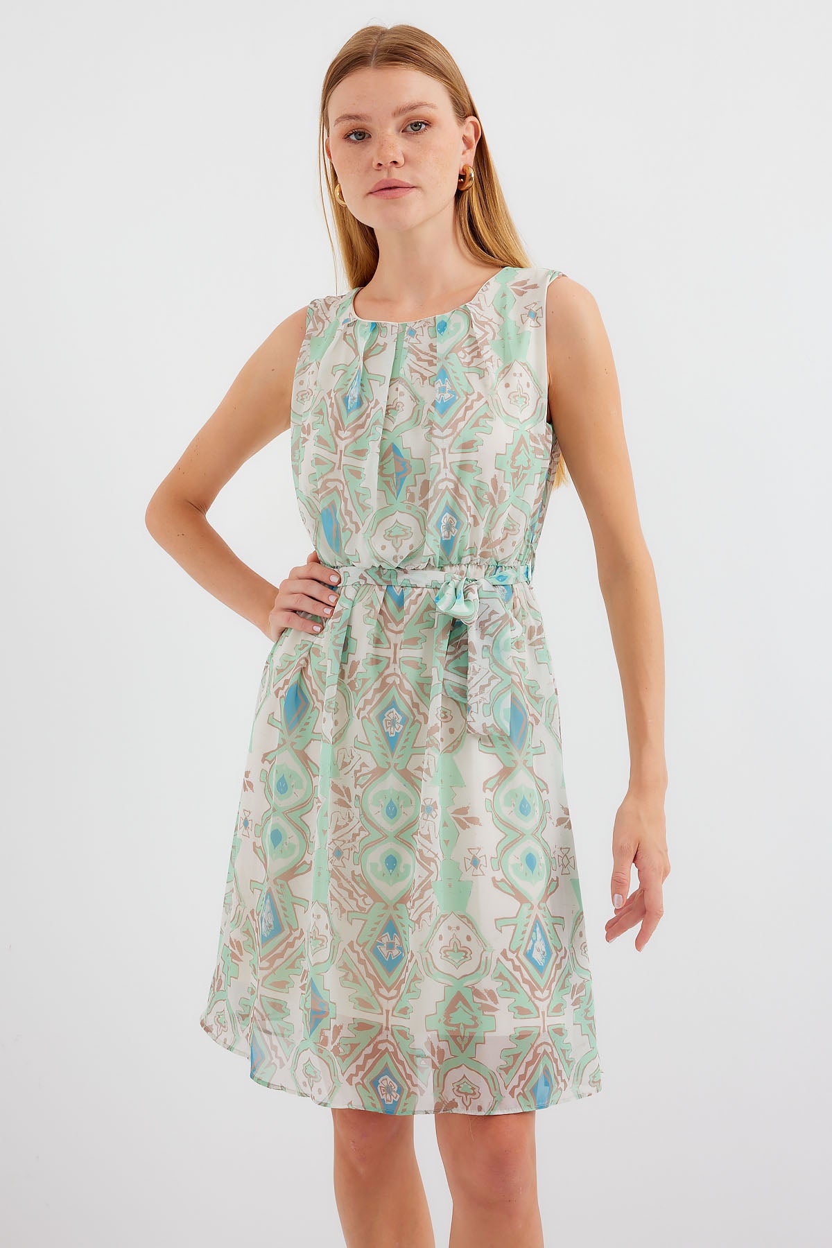 2501 Rochie Șifon cu Motiv Fără Mâneci - Mentă